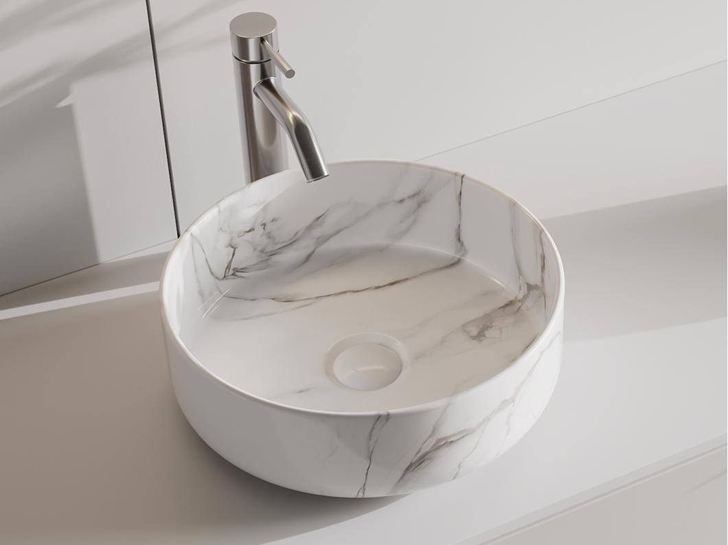 Lavatório de pousar redondo branco efeito mármore cerâmica 36 cm - VIAMARBA