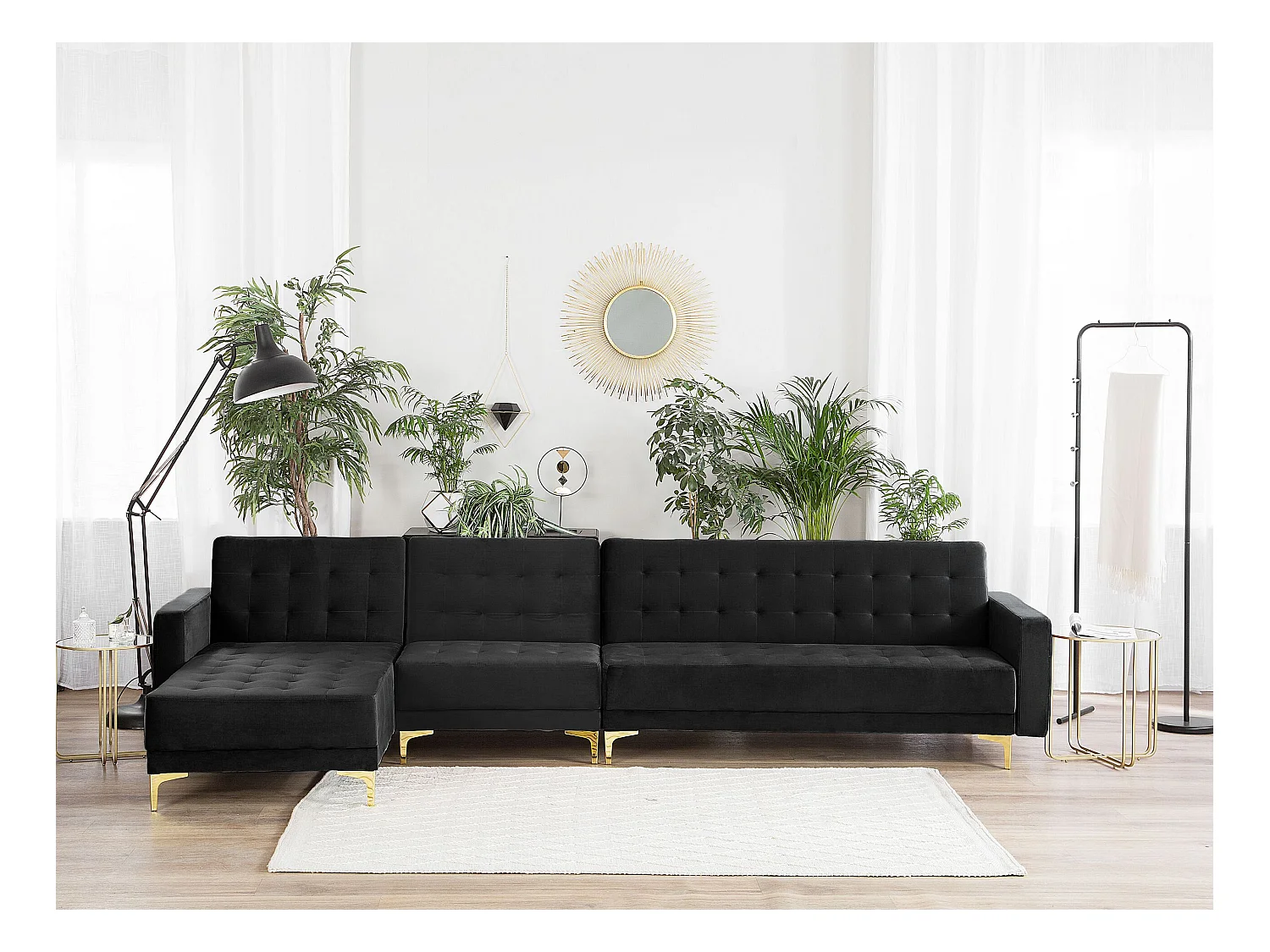 Sofá-cama de canto modular ABERDEEN Veludo Preto 5 lugares à direita