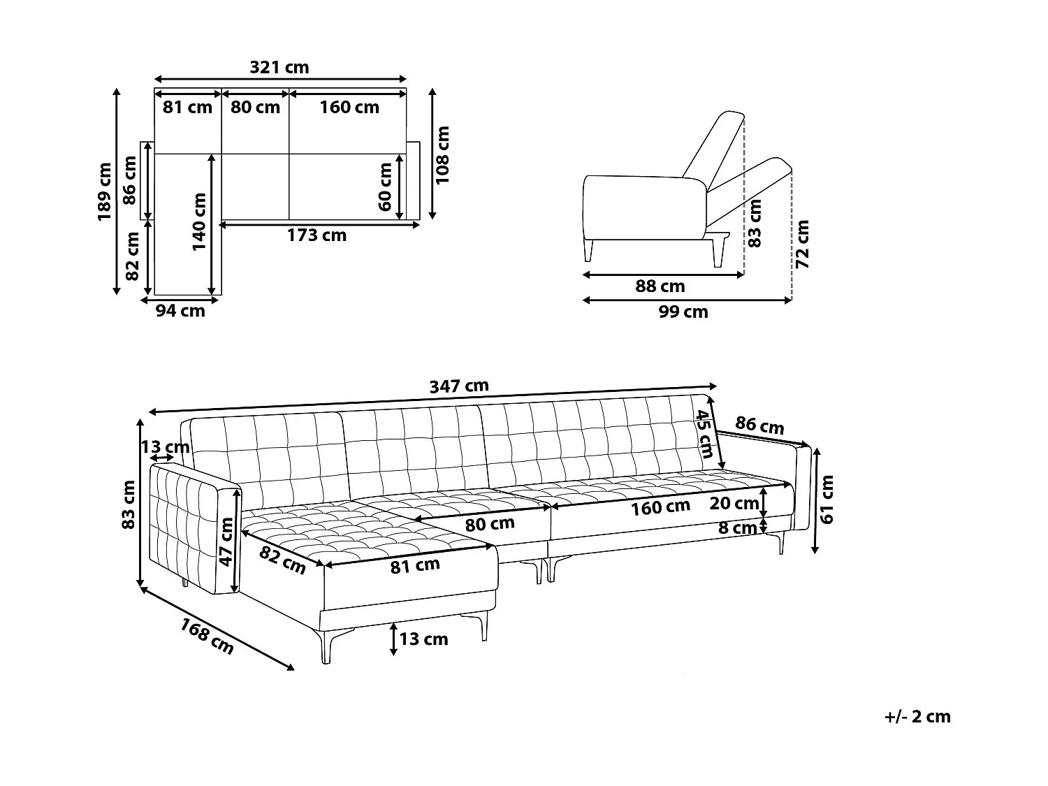 Sofá-cama de canto modular ABERDEEN Veludo Preto 5 lugares à direita