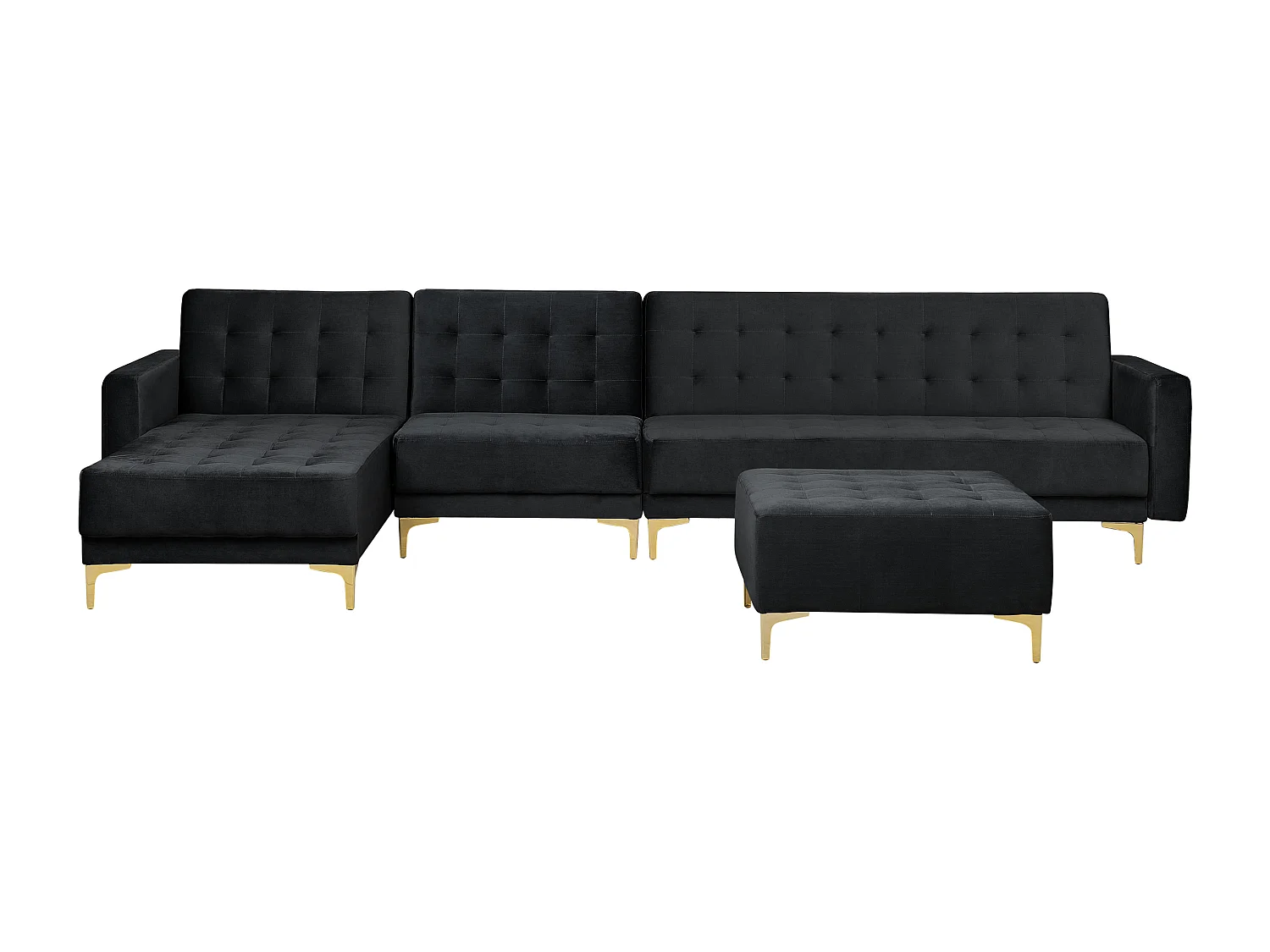 Canapé-lit d'angle modulable ABERDEEN Velours Noir avec ottoman 5 places Côté droit