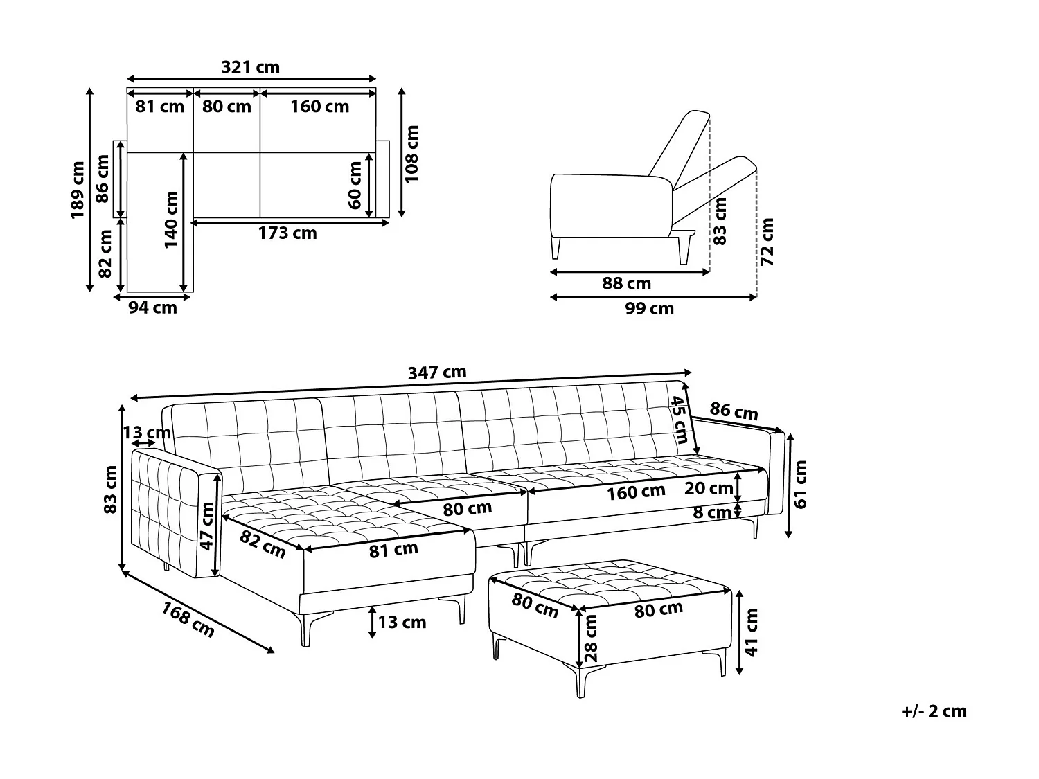 Canapé-lit d'angle modulable ABERDEEN Velours Noir avec ottoman 5 places Côté droit