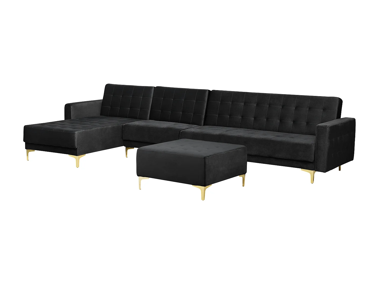 Canapé-lit d'angle modulable ABERDEEN Velours Noir avec ottoman 5 places Côté droit