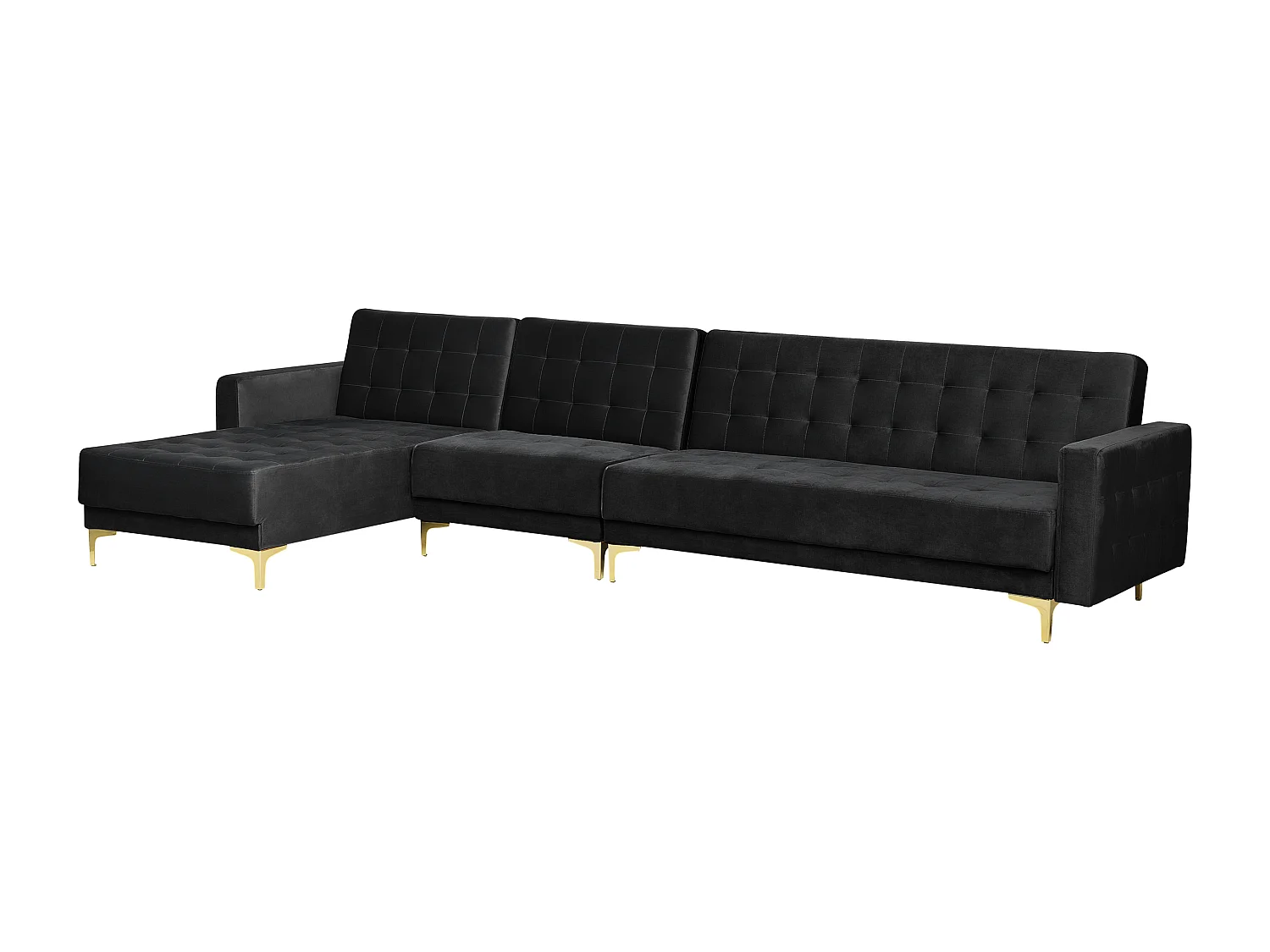 Canapé-lit d'angle modulable ABERDEEN Velours Noir avec ottoman 5 places Côté droit