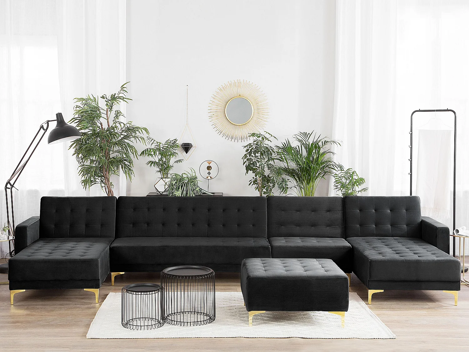 Canapé-lit modulable en forme de U ABERDEEN Velours Noir avec ottoman 6 places