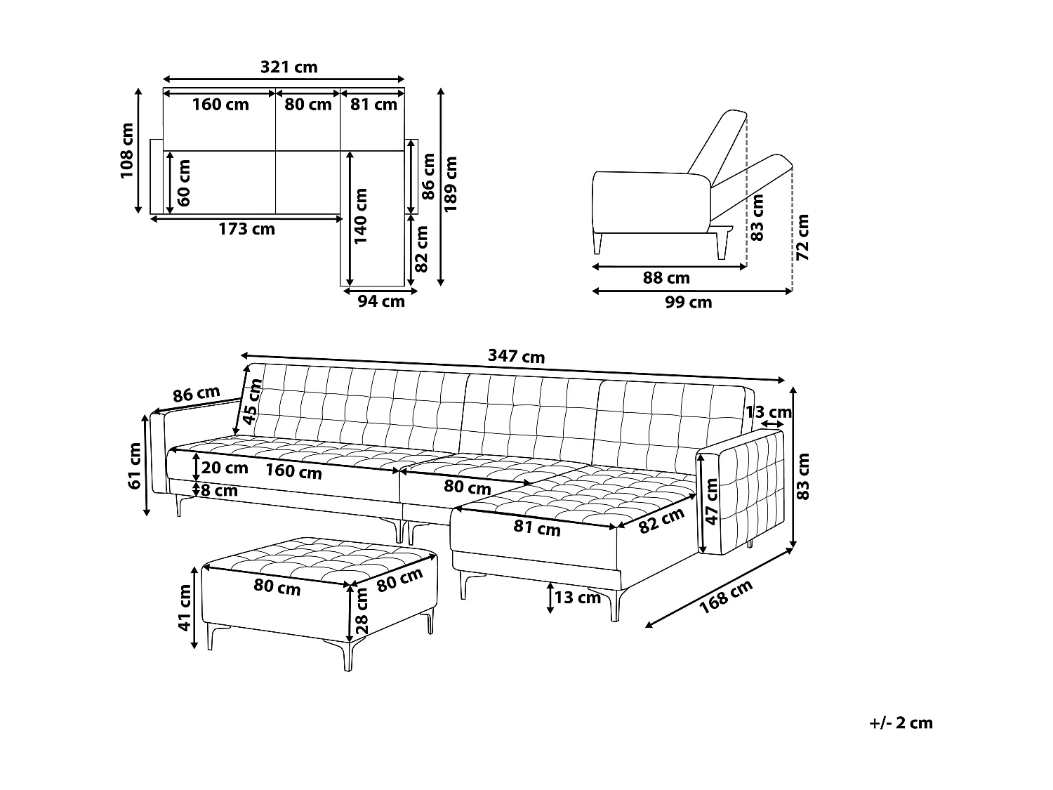 Narożnik rozkładany modułowy ABERDEEN Welur Czarny z otomaną dla 5 osób Lewostronny