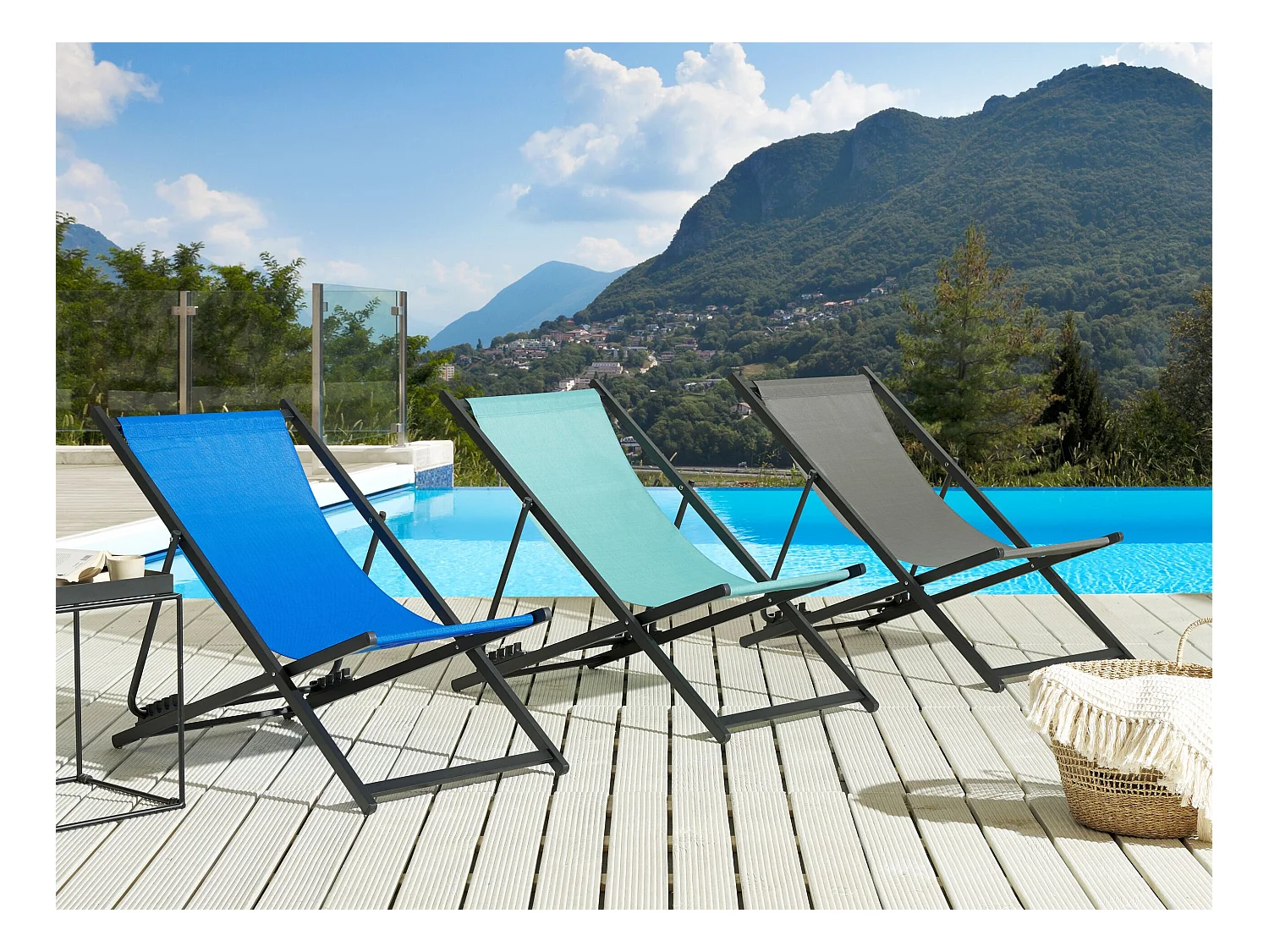 Outdoor Liegestuhl faltbar Aluminium schwarz mit Stoffbespannung blau Locri II