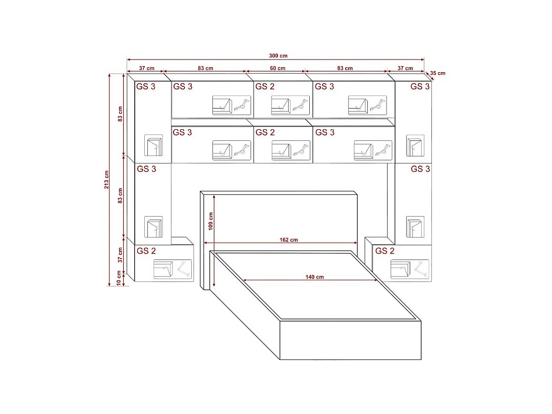 Tête de lit avec rangement Armoire - pont de lit PANAMAP7/M/S/5-1C chêne sonoma 300x213x35cm