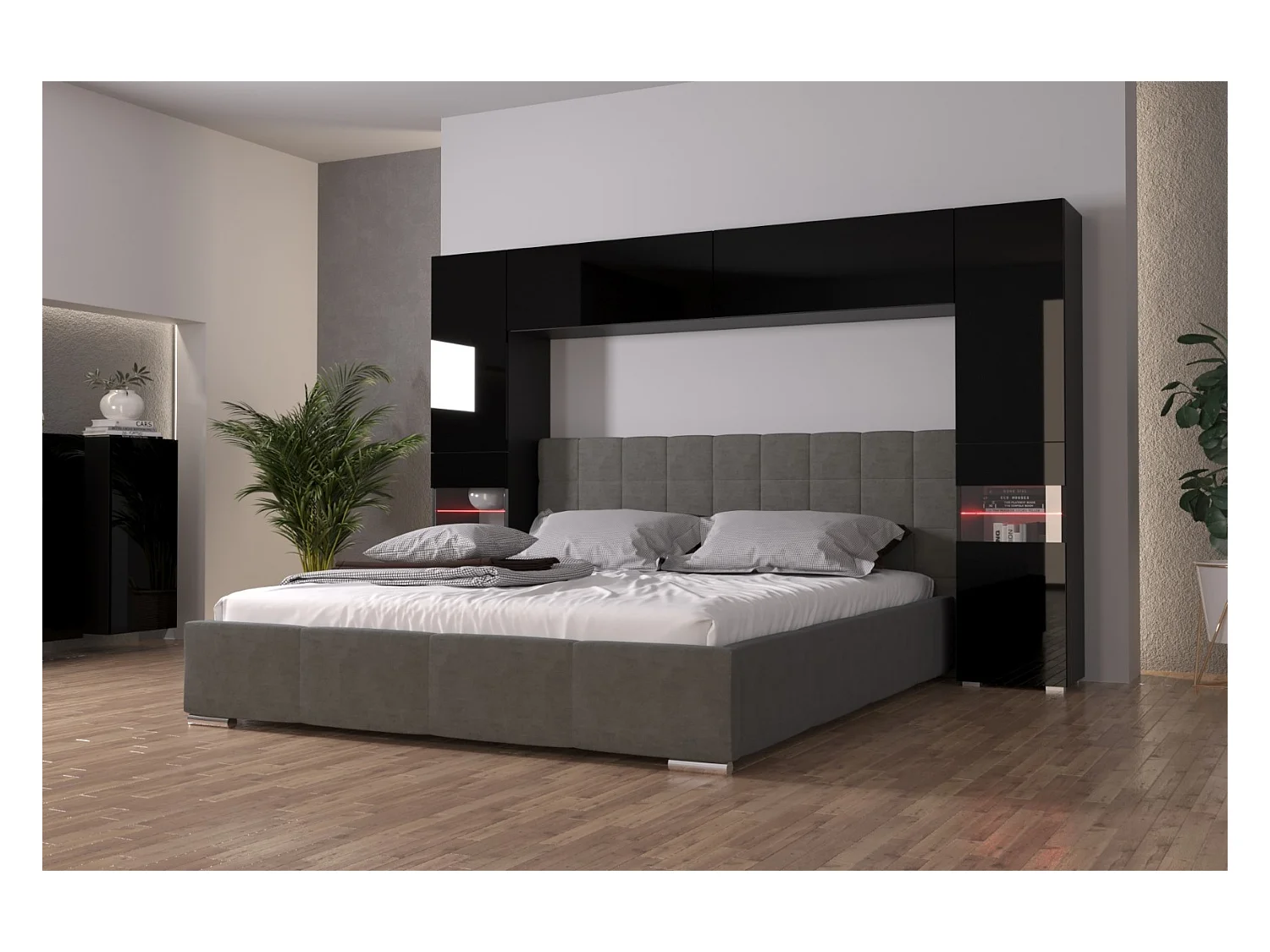 Tête de lit avec rangement Armoire - pont de lit PANAMA 12/HG/B/1-1A noir/noir brillant 256x184x35cm