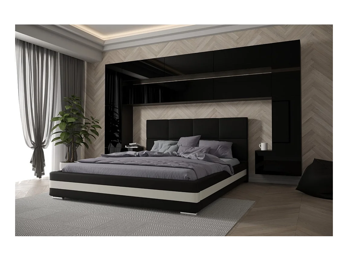 Tête de lit avec rangement Armoire - pont de lit PANAMA 7/HG/B/1-1C noir/noir brillant 300x213x35cm
