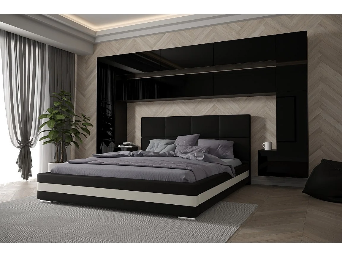 Tête de lit avec rangement Armoire - pont de lit PANAMA 7/HG/B/1-1C noir/noir brillant 300x213x35cm