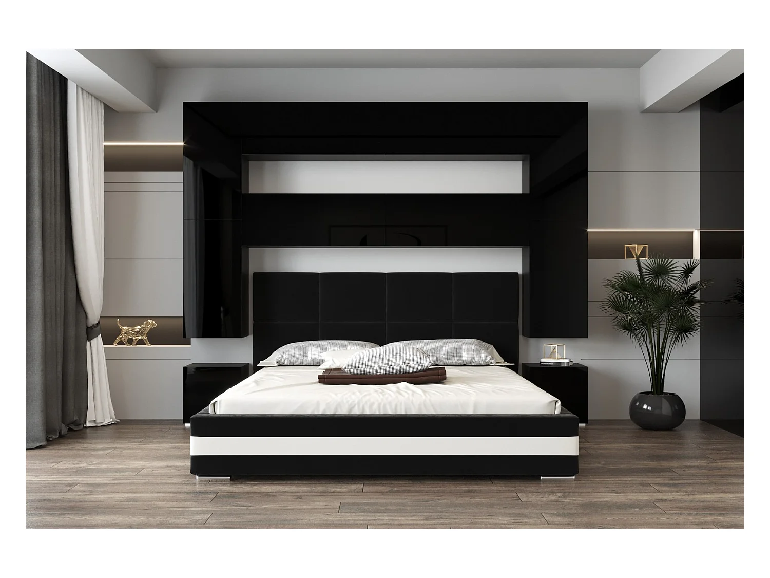 Tête de lit avec rangement Armoire - pont de lit PANAMA 4/HG/B/1-1C noir/noir brillant 280x223x35cm