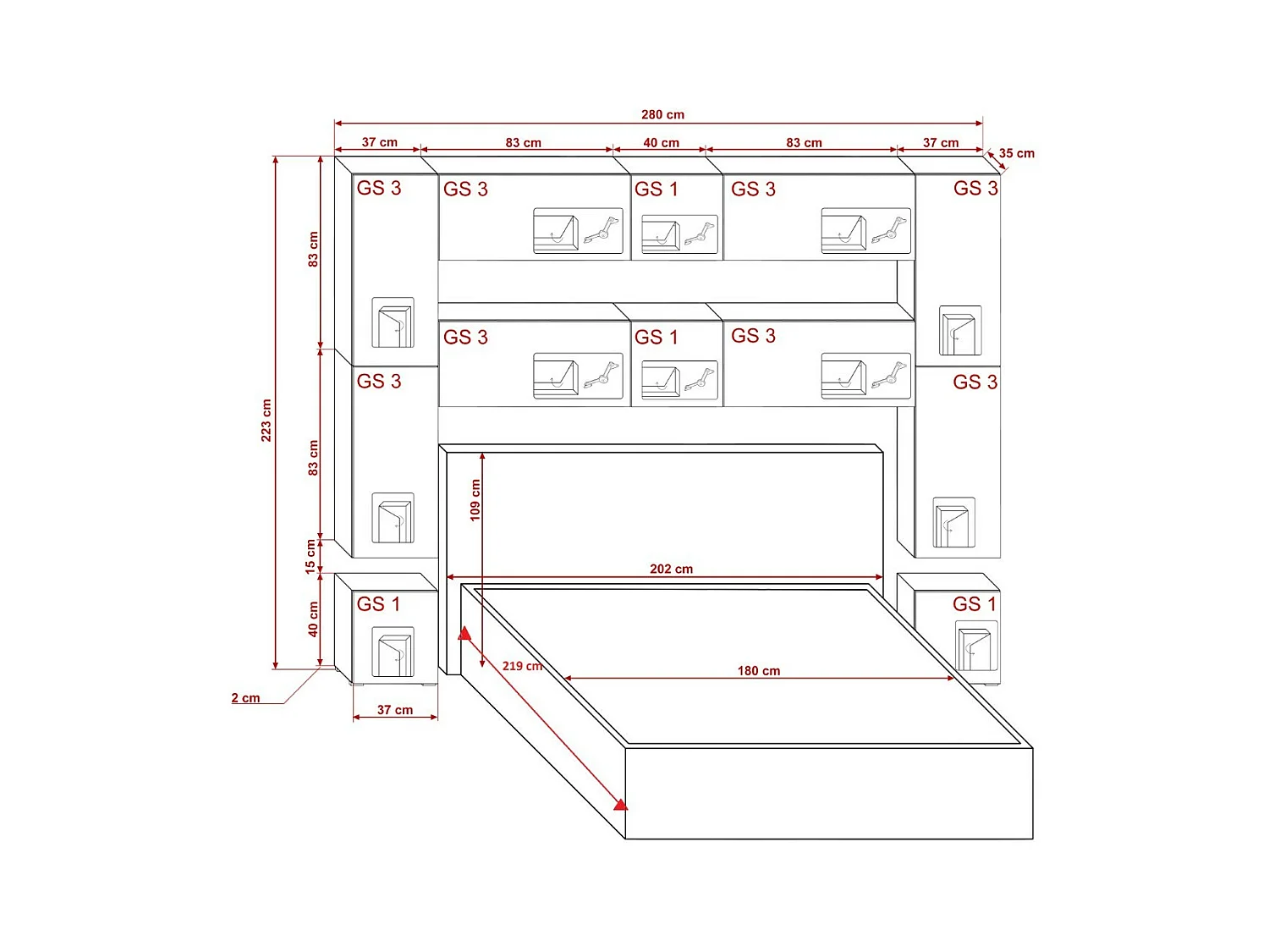 Tête de lit avec rangement Armoire - pont de lit PANAMA 4/HG/B/1-1C noir/noir brillant 280x223x35cm