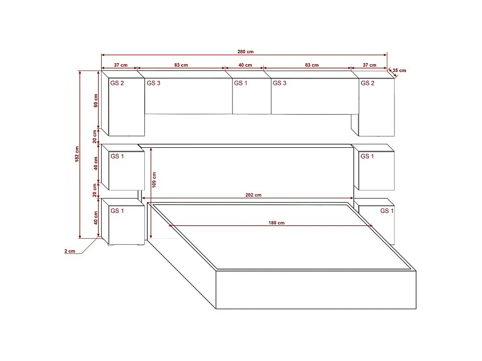 Tête de lit avec rangement Armoire - pont de lit PANAMA 13/HG/W/2-1C blanc/blanc brillant 280x182x35cm