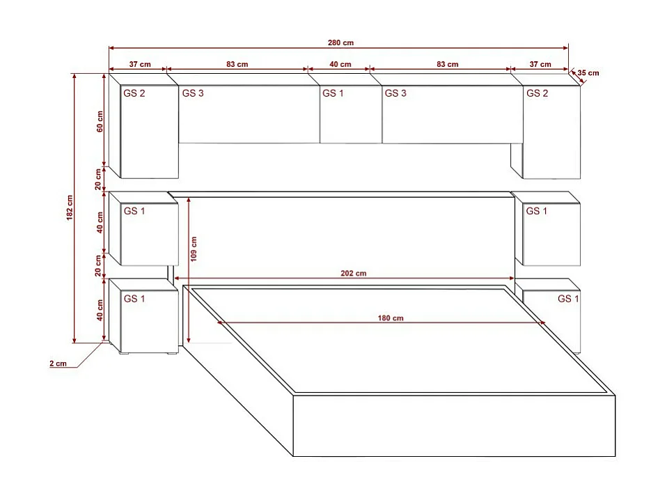 Tête de lit avec rangement Armoire - pont de lit PANAMA 13/HG/W/2-1C blanc/blanc brillant 280x182x35cm