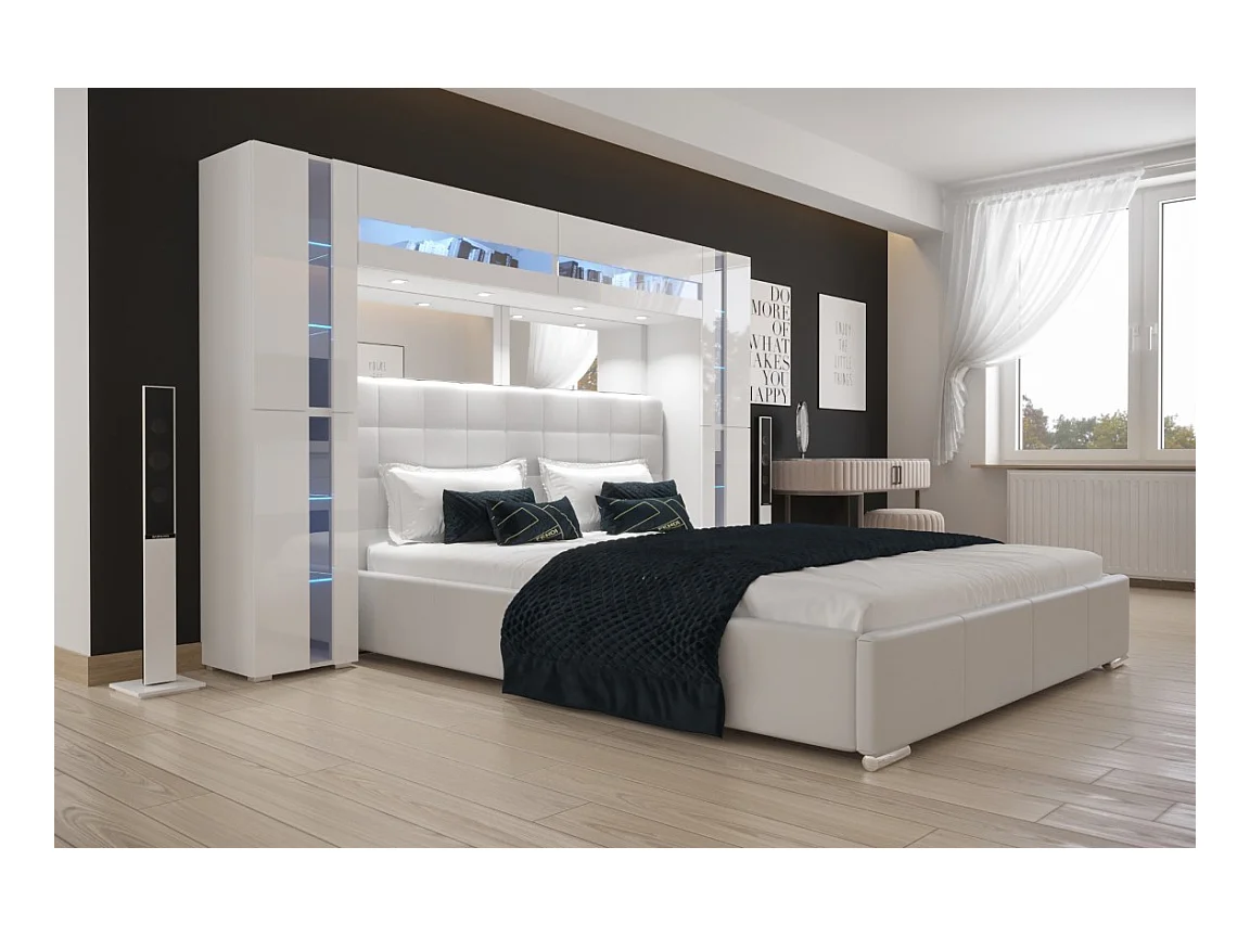 Tête de lit avec rangement Armoire - pont de lit PANAMA 14/HG/W/2-1A blanc/blanc brillant 256x184x35cm