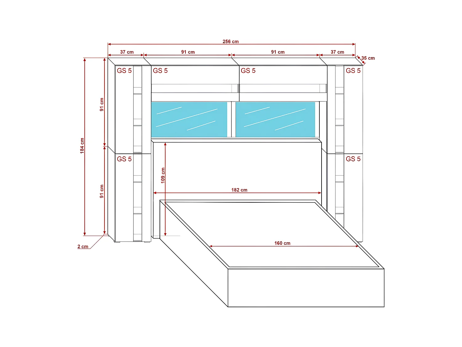 Tête de lit avec rangement Armoire - pont de lit PANAMA 14/HG/W/2-1A blanc/blanc brillant 256x184x35cm