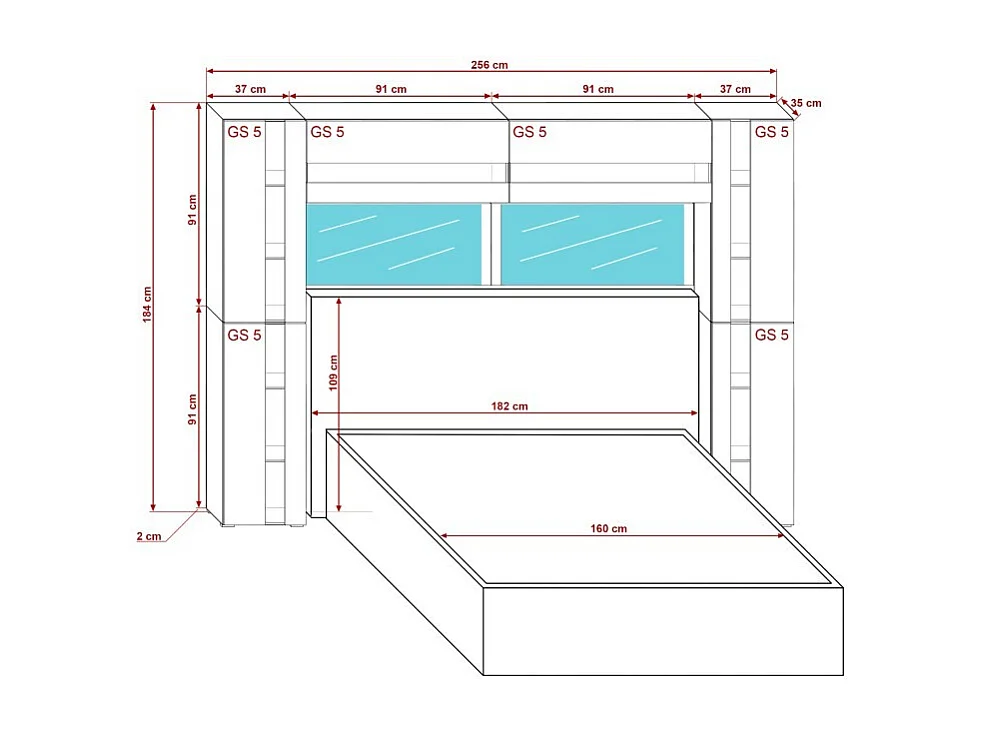 Tête de lit avec rangement Armoire - pont de lit PANAMA 14/HG/W/2-1A blanc/blanc brillant 256x184x35cm
