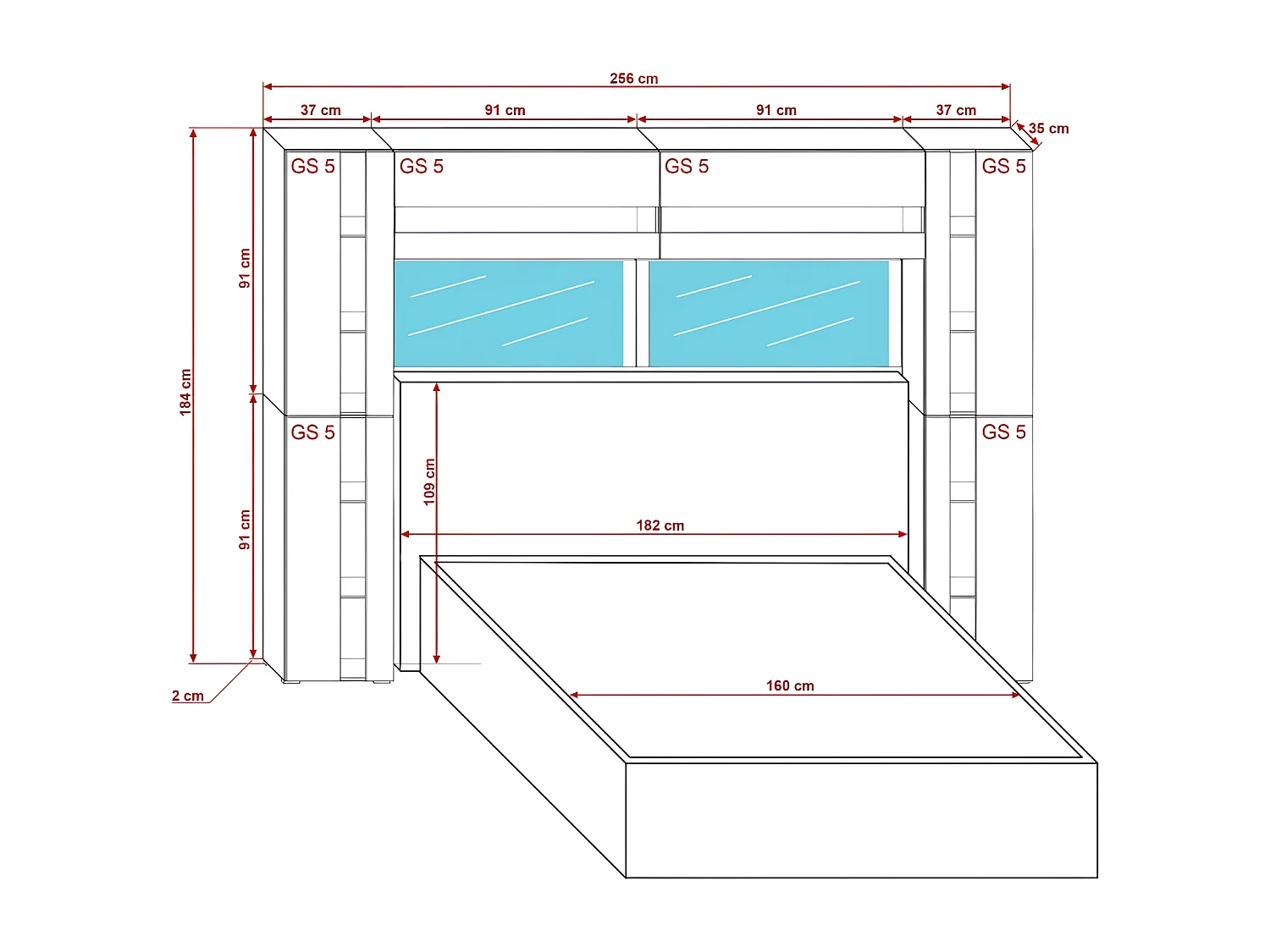 Tête de lit avec rangement Armoire - pont de lit PANAMA 14/HG/W/2-1A blanc/blanc brillant 256x184x35cm