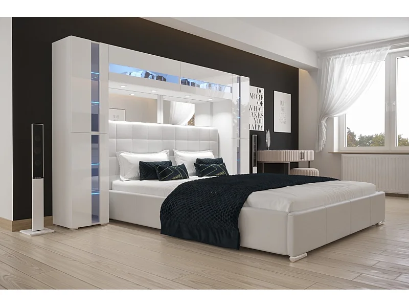 Tête de lit avec rangement Armoire - pont de lit PANAMA 14/HG/W/2-1A blanc/blanc brillant 256x184x35cm