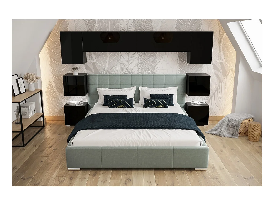 Tête de lit avec rangement Armoire - pont de lit PANAMA 13/HG/B/1-1B noir/noir brillant 240x182x35cm