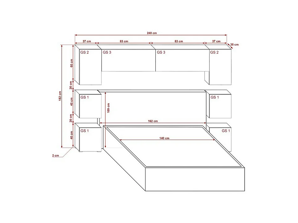 Tête de lit avec rangement Armoire - pont de lit PANAMA 13/HG/B/1-1B noir/noir brillant 240x182x35cm
