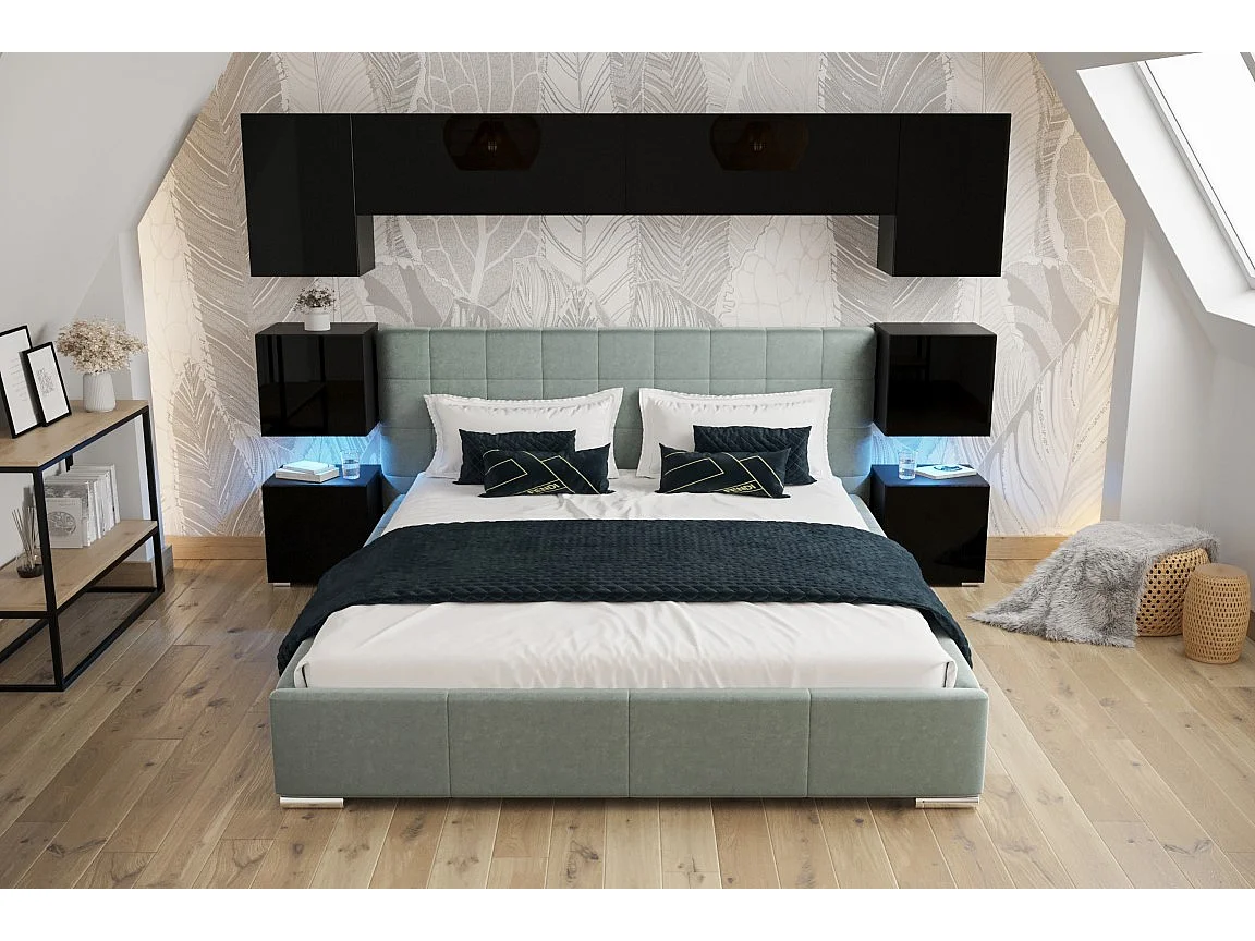 Tête de lit avec rangement Armoire - pont de lit PANAMA 13/HG/B/1-1B noir/noir brillant 240x182x35cm