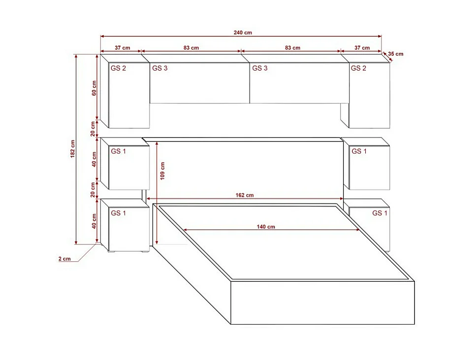 Tête de lit avec rangement Armoire - pont de lit PANAMA 13/HG/B/1-1B noir/noir brillant 240x182x35cm