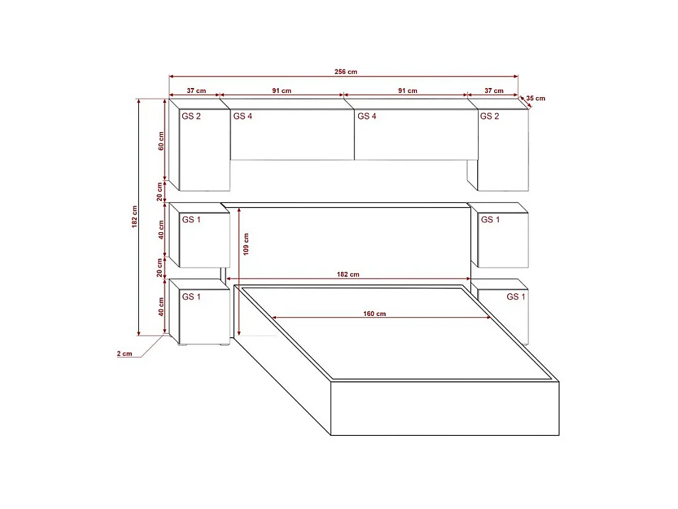 Tête de lit avec rangement Armoire - pont de lit PANAMA 13/HG/W/1-1A blanc/blanc brillant 256x182x35cm