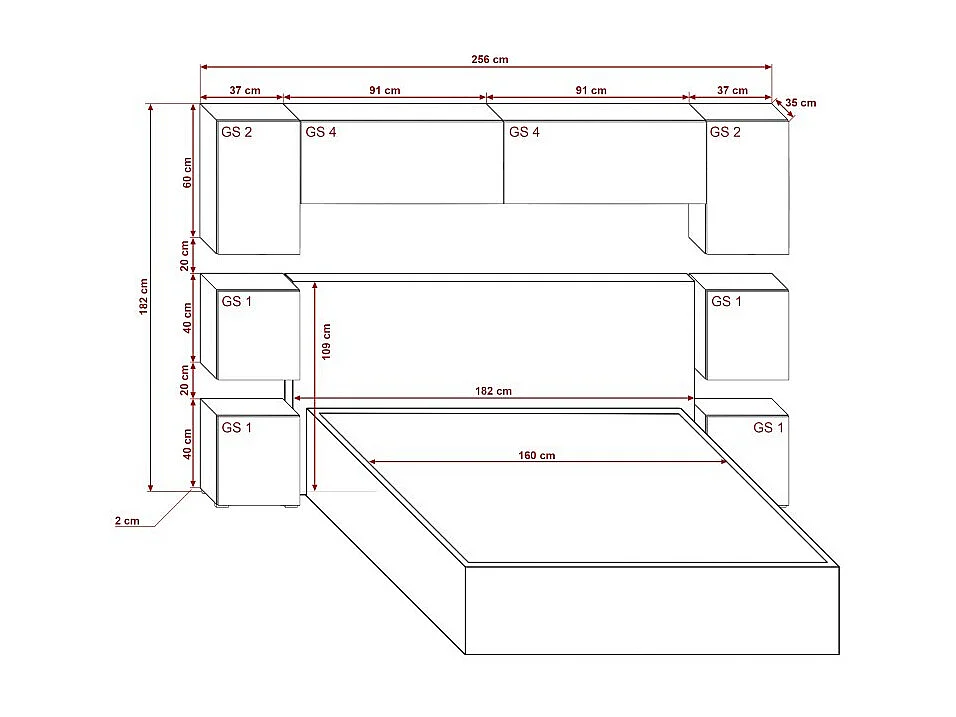 Tête de lit avec rangement Armoire - pont de lit PANAMA 13/HG/W/1-1A blanc/blanc brillant 256x182x35cm