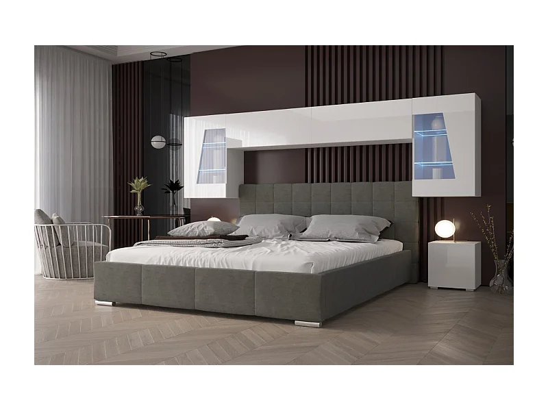 Tête de lit avec rangement Armoire - pont de lit PANAMA 11HG/W/2-1C blanc/blanc brillant 306x173x35cm