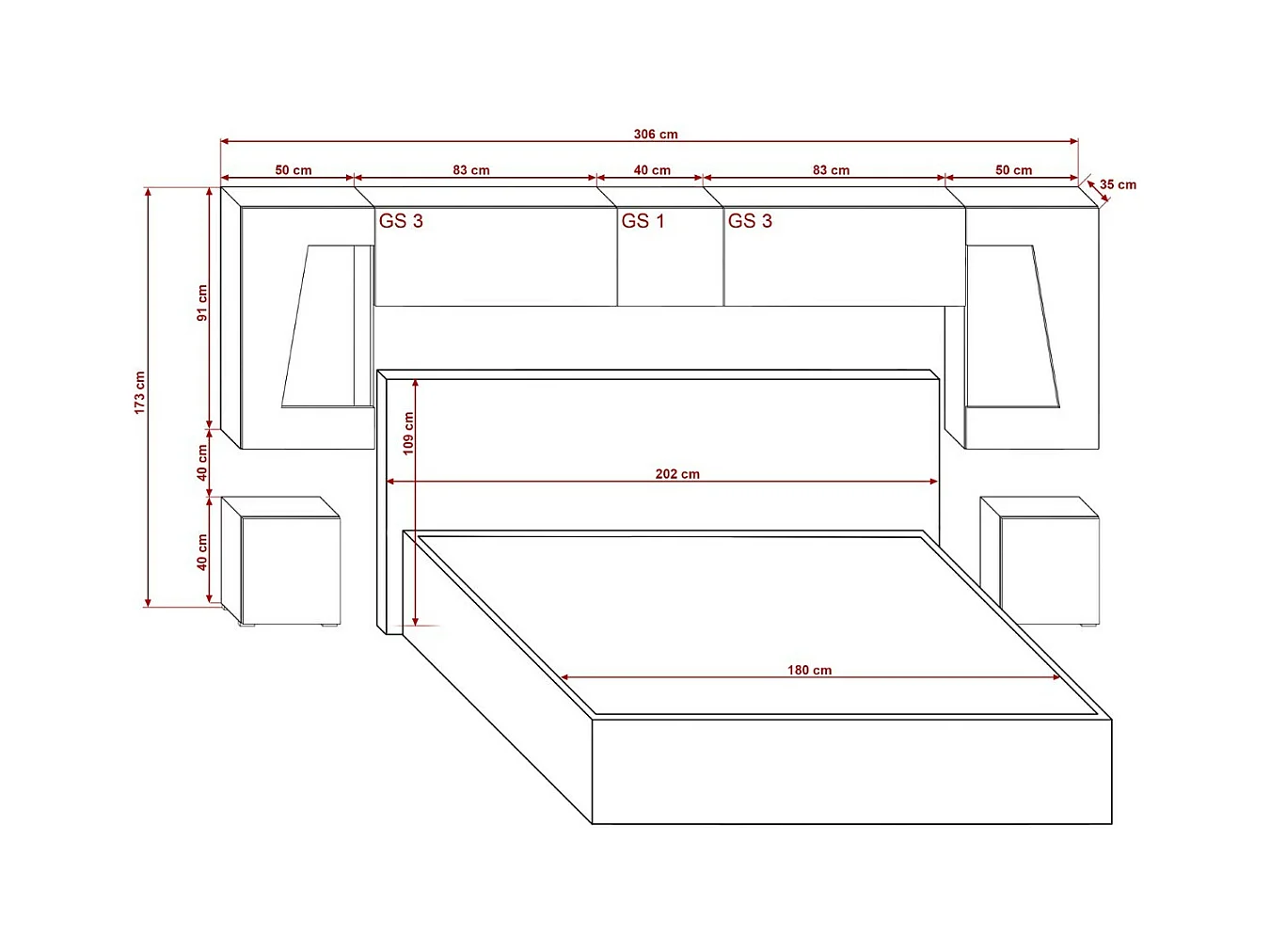 Tête de lit avec rangement Armoire - pont de lit PANAMA 11HG/W/2-1C blanc/blanc brillant 306x173x35cm