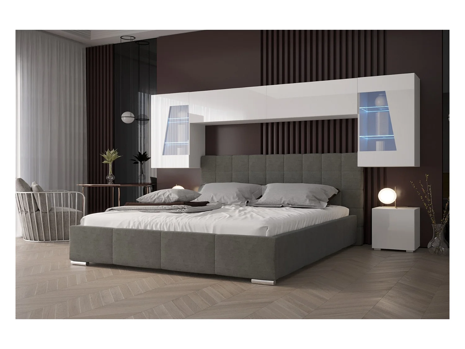Tête de lit avec rangement Armoire - pont de lit PANAMA 11HG/W/2-1C blanc/blanc brillant 306x173x35cm