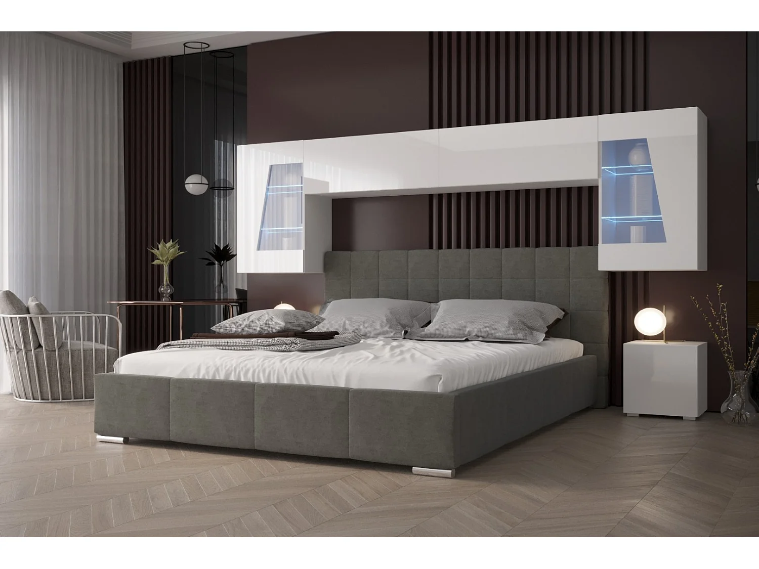 Tête de lit avec rangement Armoire - pont de lit PANAMA 11HG/W/2-1C blanc/blanc brillant 306x173x35cm