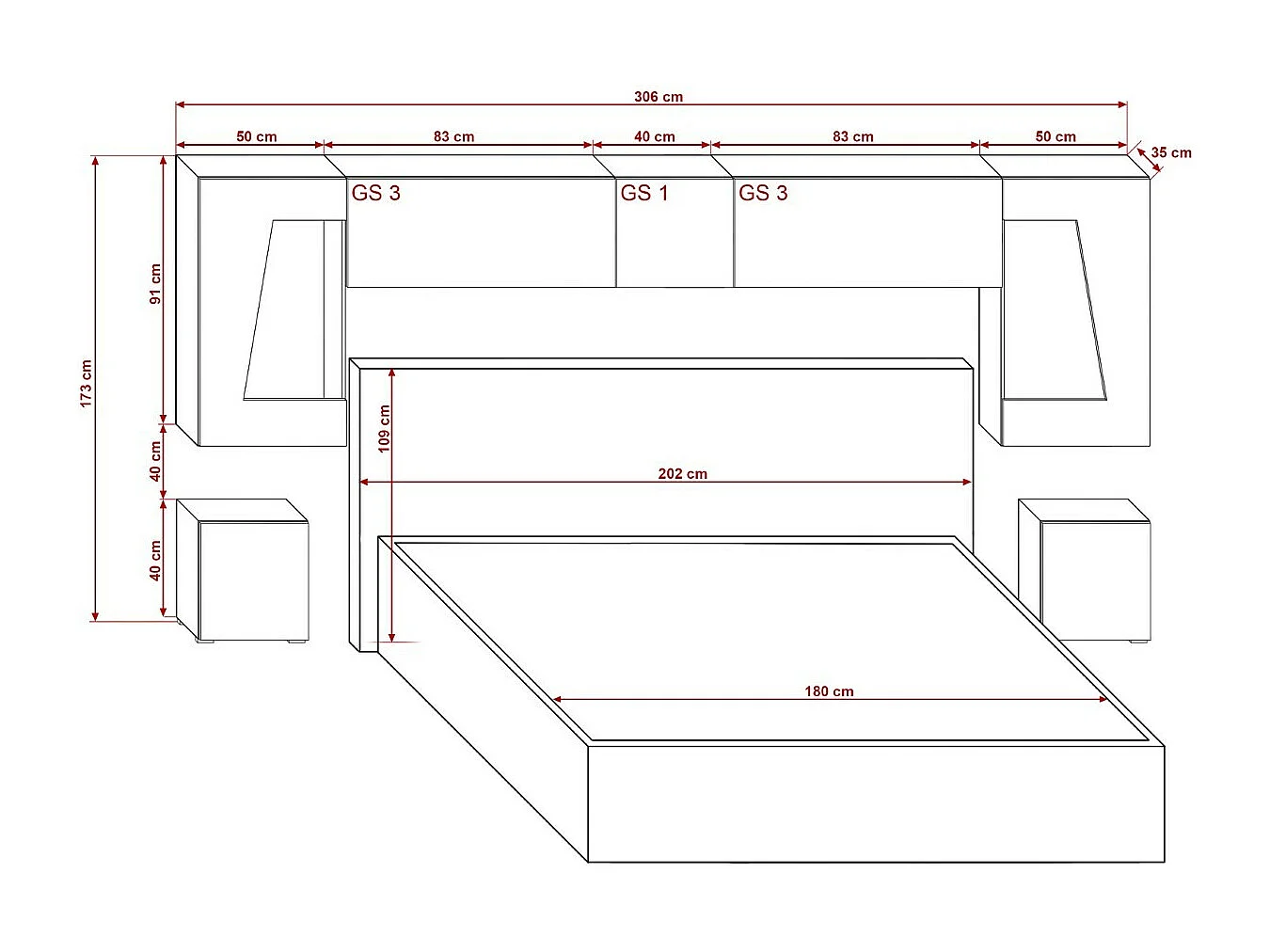 Tête de lit avec rangement Armoire - pont de lit PANAMA 11HG/W/2-1C blanc/blanc brillant 306x173x35cm