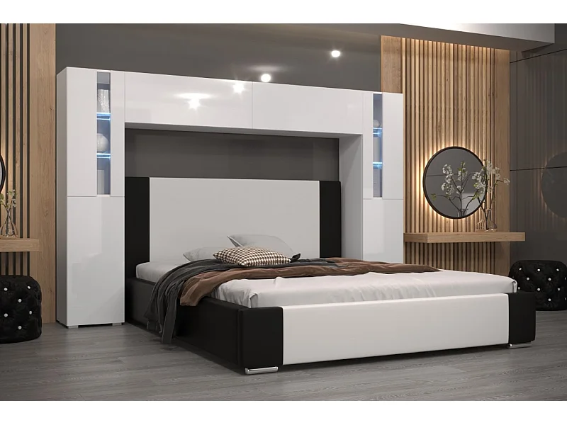 Tête de lit avec rangement Armoire - pont de lit PANAMA 8/21W/HG2-1B blanc/blanc brillant 240x184x35cm