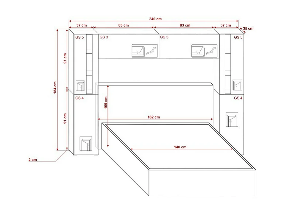 Tête de lit avec rangement Armoire - pont de lit PANAMA 8/21W/HG2-1B blanc/blanc brillant 240x184x35cm