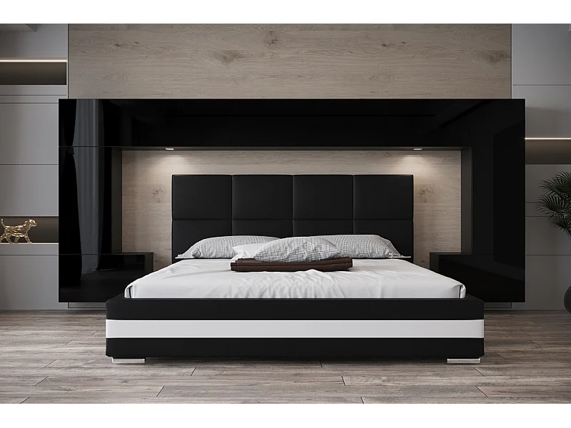 Tête de lit avec rangement Armoire - pont de lit PANAMA 6/21B/HG1-1C noir/noir brillant 300x167x35cm
