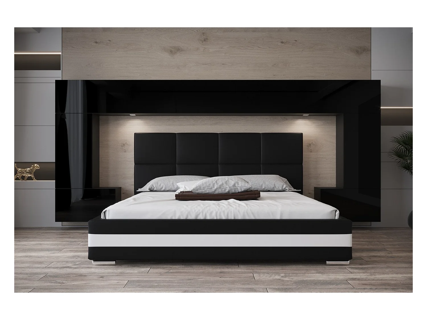 Tête de lit avec rangement Armoire - pont de lit PANAMA 6/21B/HG1-1C noir/noir brillant 300x167x35cm