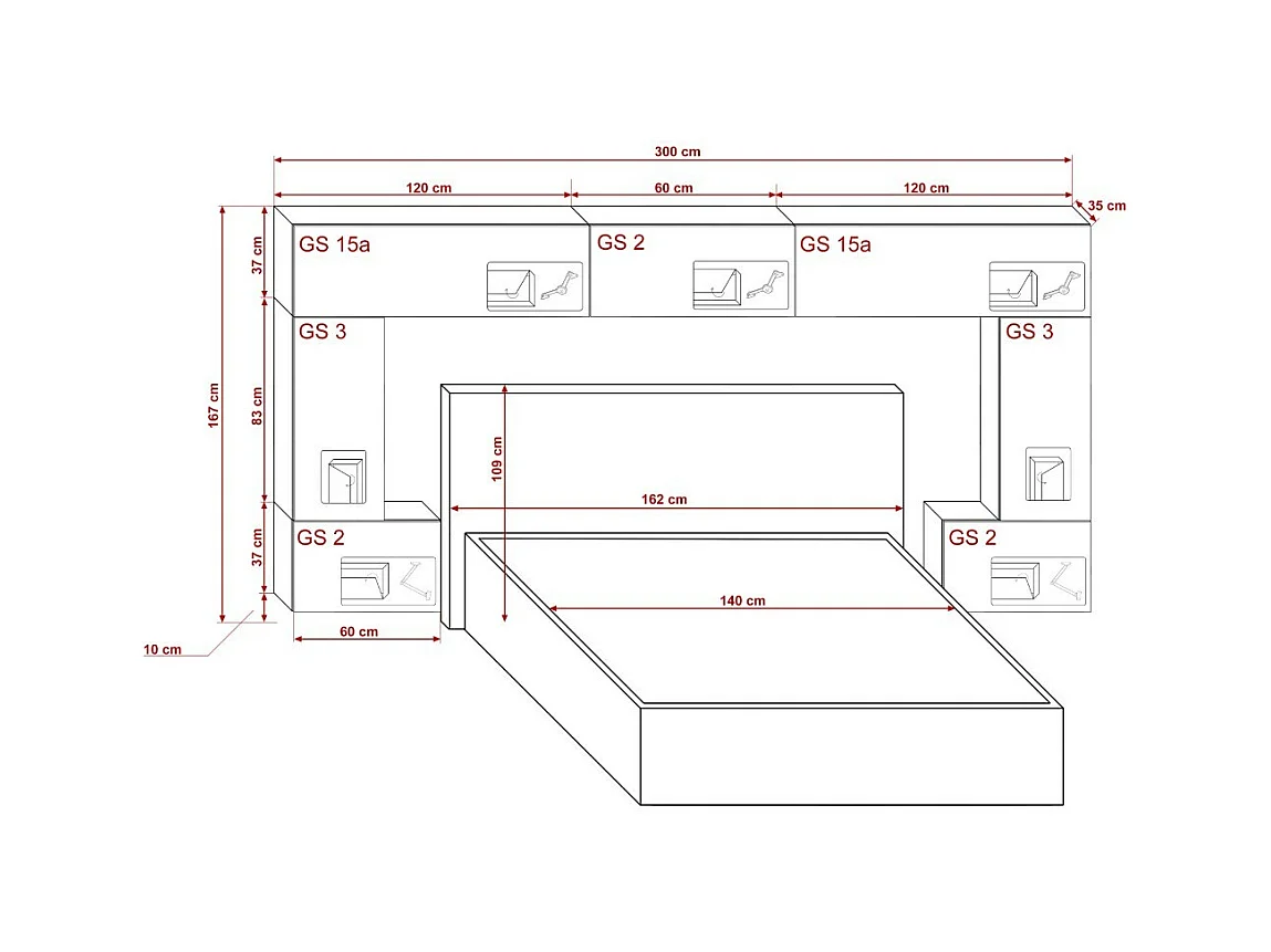 Tête de lit avec rangement Armoire - pont de lit PANAMA 6/21B/HG1-1C noir/noir brillant 300x167x35cm