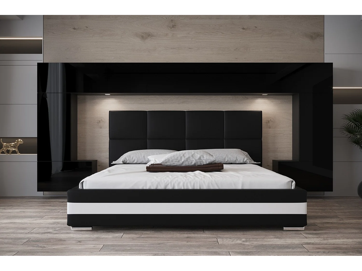 Tête de lit avec rangement Armoire - pont de lit PANAMA 6/21B/HG1-1C noir/noir brillant 300x167x35cm