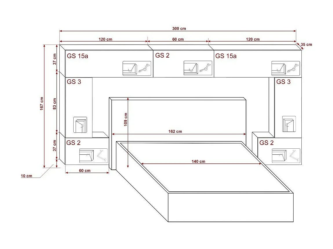 Tête de lit avec rangement Armoire - pont de lit PANAMA 6/21B/HG1-1C noir/noir brillant 300x167x35cm
