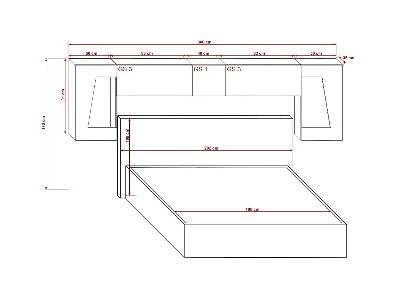 Tête de lit avec rangement Armoire - pont de lit PANAMA 10HG/W/2-1C blanc/blanc brillant 306x91x35cm