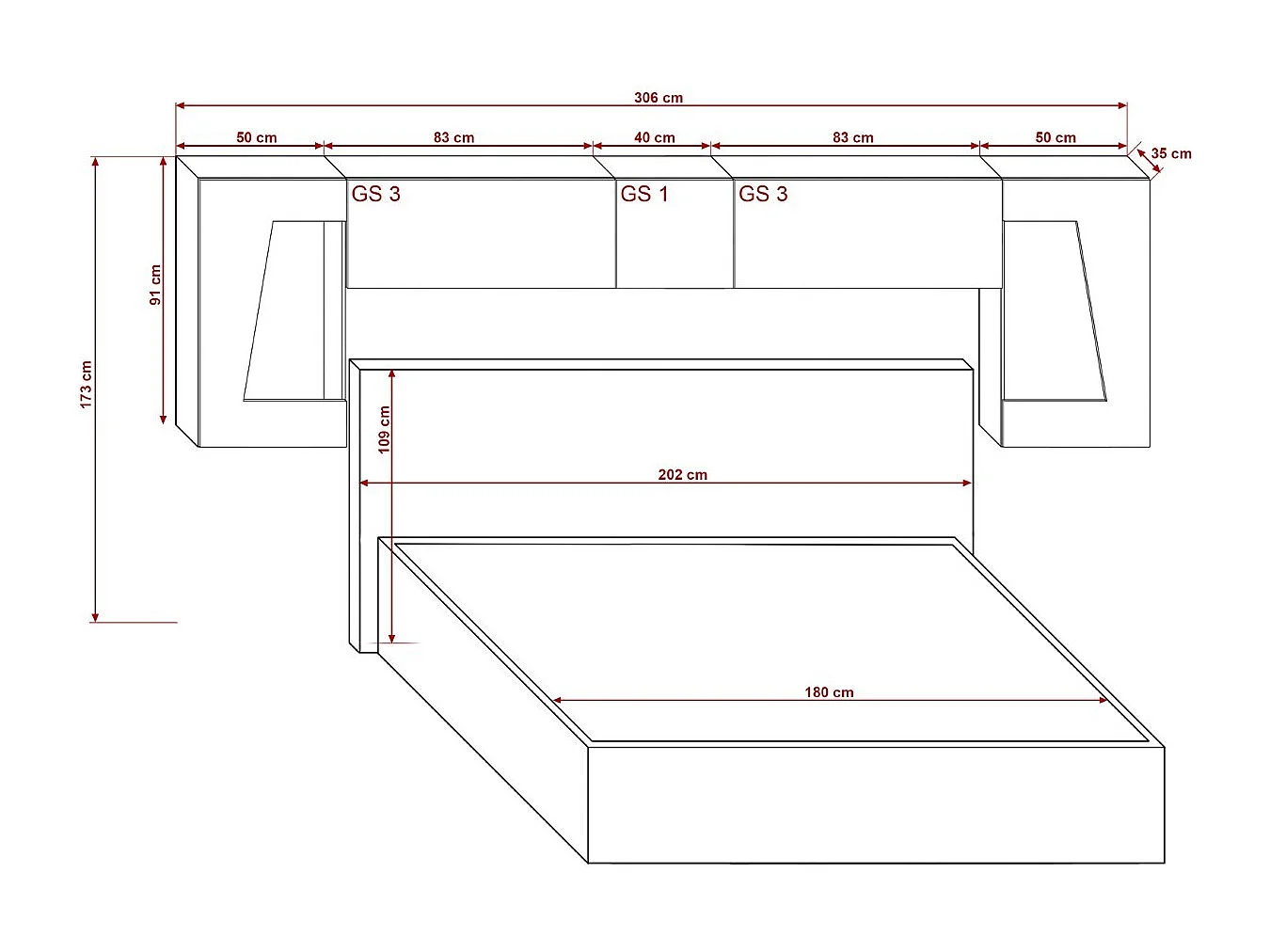 Tête de lit avec rangement Armoire - pont de lit PANAMA 10HG/W/2-1C blanc/blanc brillant 306x91x35cm