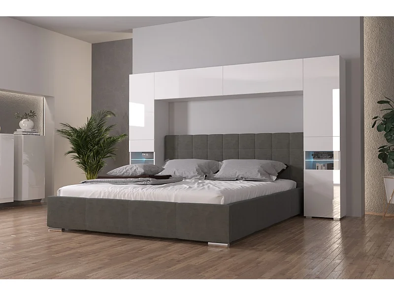 Tête de lit avec rangement Armoire - pont de lit PANAMA 12HG/W/2-1B blanc/blanc brillant 240x184x35cm