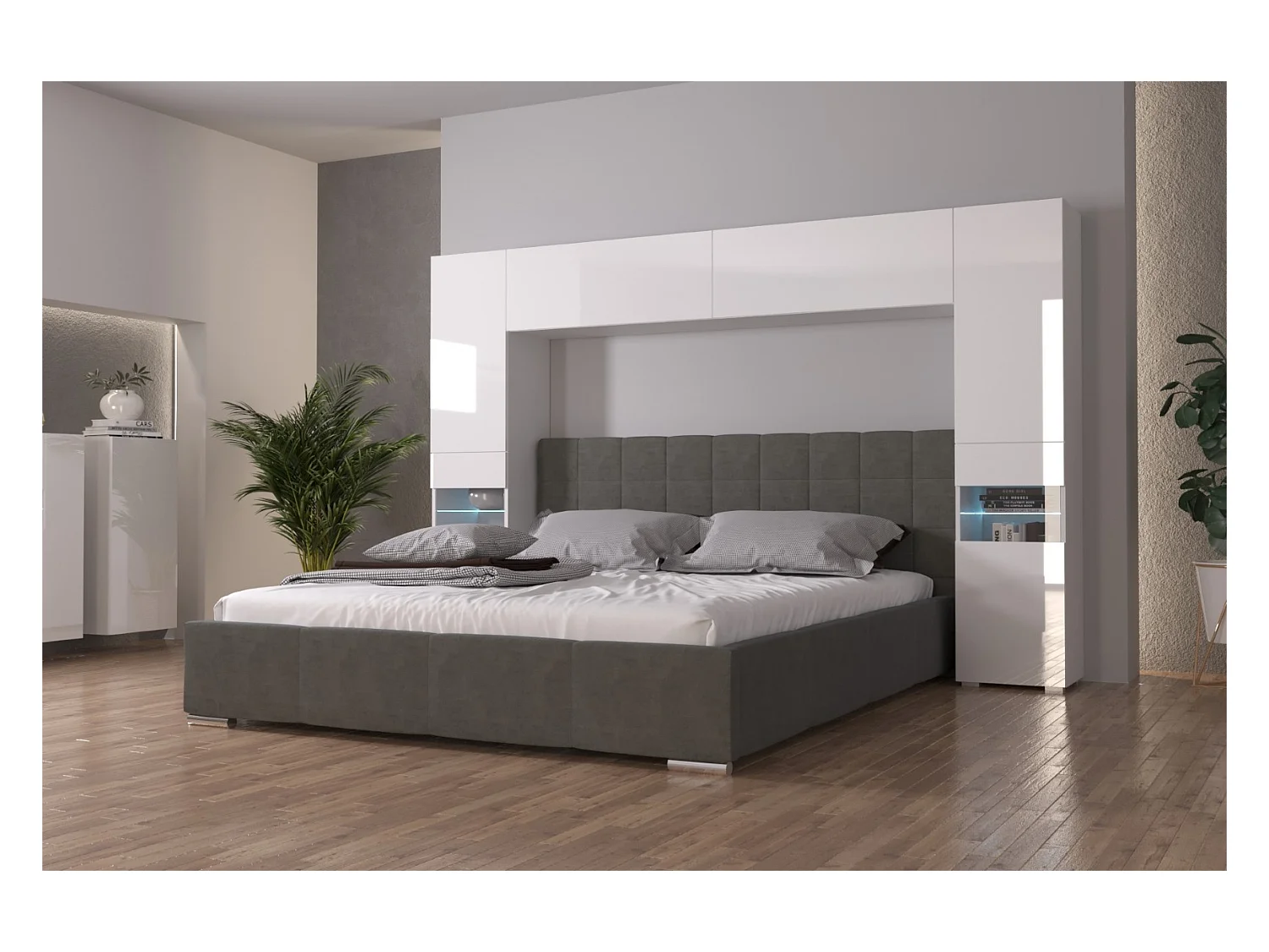 Tête de lit avec rangement Armoire - pont de lit PANAMA 12HG/W/2-1B blanc/blanc brillant 240x184x35cm