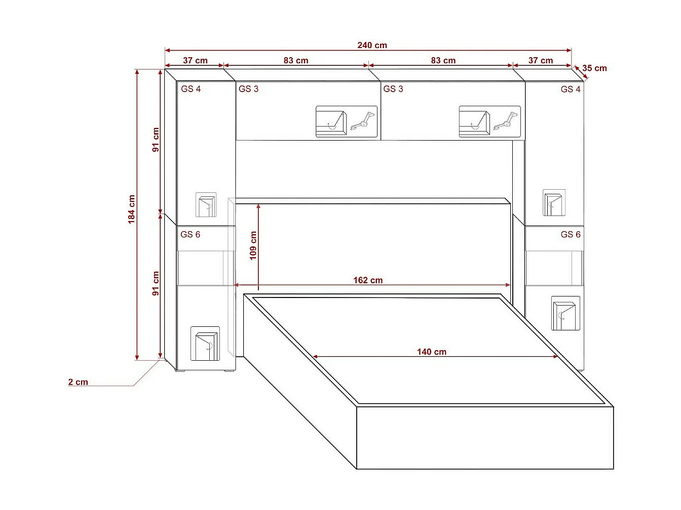 Tête de lit avec rangement Armoire - pont de lit PANAMA 12HG/W/2-1B blanc/blanc brillant 240x184x35cm
