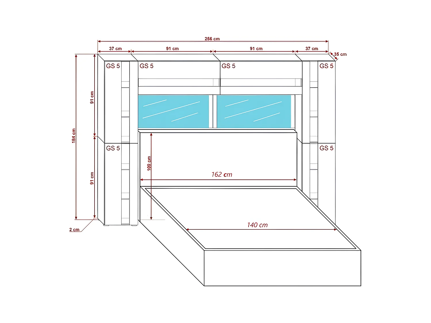 Tête de lit avec rangement Armoire - pont de lit PANAMA 14/M/S/5-1A chêne sonoma 256x184x35cm