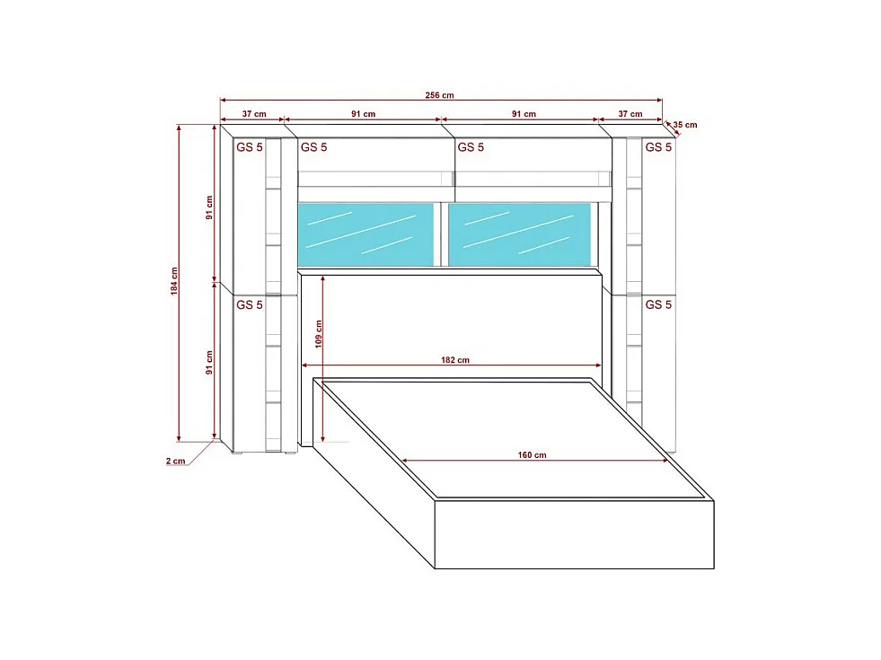 Tête de lit avec rangement Armoire - pont de lit PANAMA 14/M/S/5-1A chêne sonoma 256x184x35cm