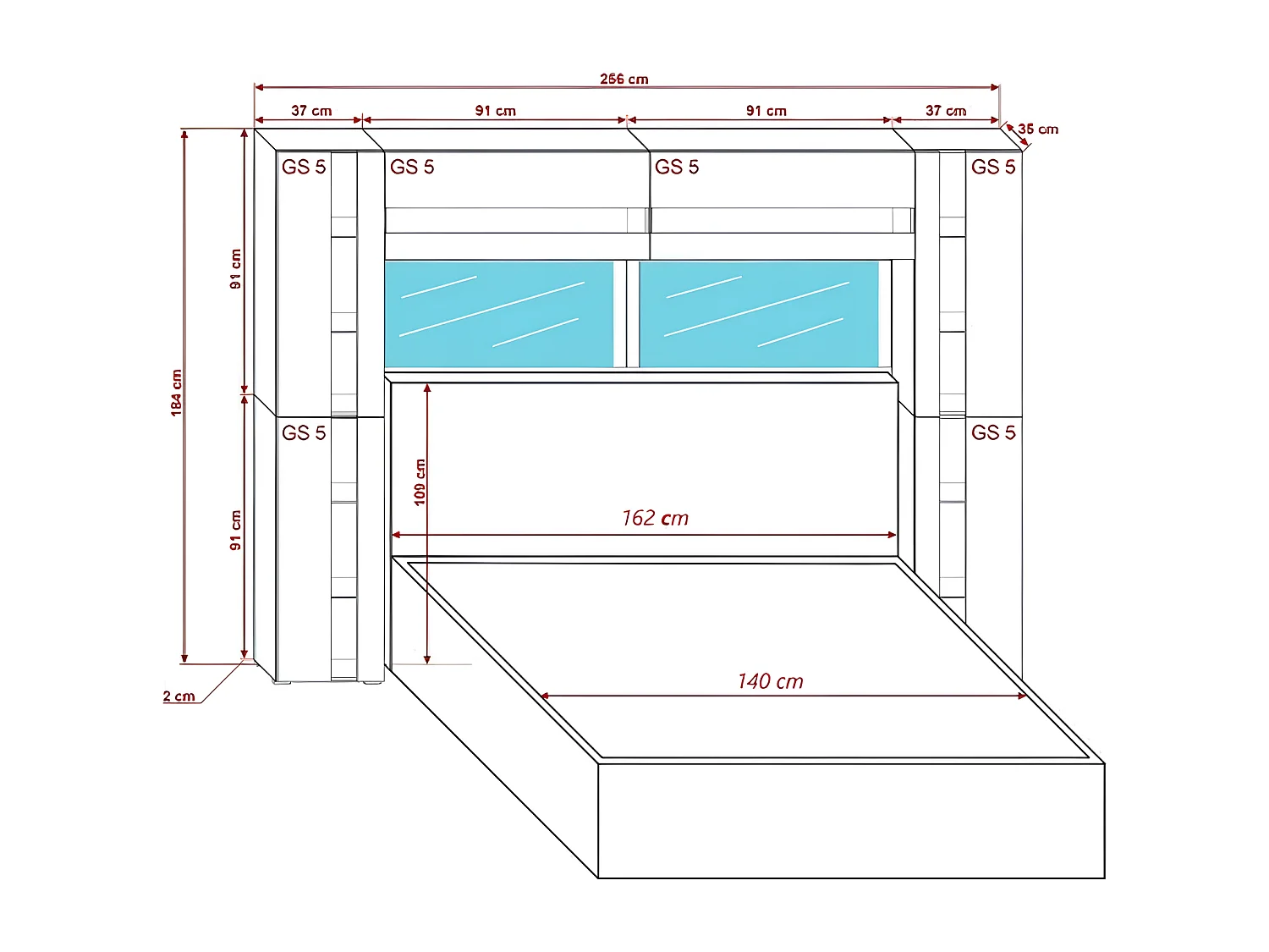 Tête de lit avec rangement Armoire - pont de lit PANAMA 14/M/S/5-1A chêne sonoma 256x184x35cm