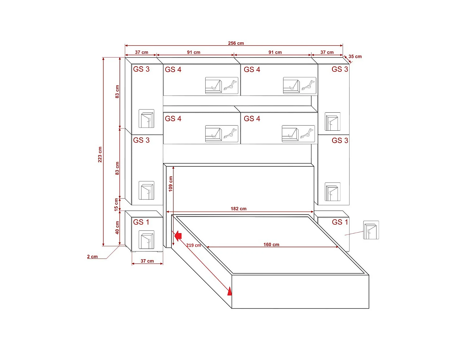 Tête de lit avec rangement Armoire - pont de lit PANAMA 4/HG/W/2-1A blanc/blanc brillant 256x223x35cm